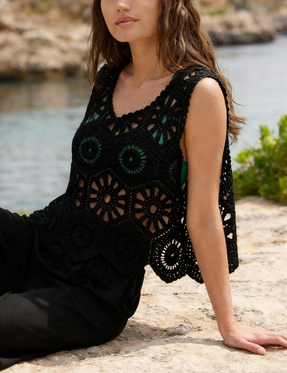 imageYeokou Women Boho Cotton Crochet Sleeveless Vest Floral Pattern Loose Fit Knit Tank Summer Cover Up TopBlack