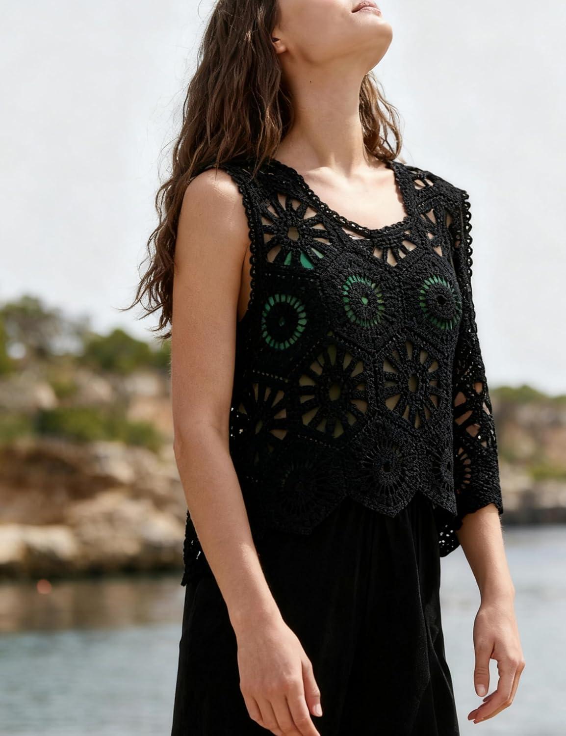 imageYeokou Women Boho Cotton Crochet Sleeveless Vest Floral Pattern Loose Fit Knit Tank Summer Cover Up TopBlack