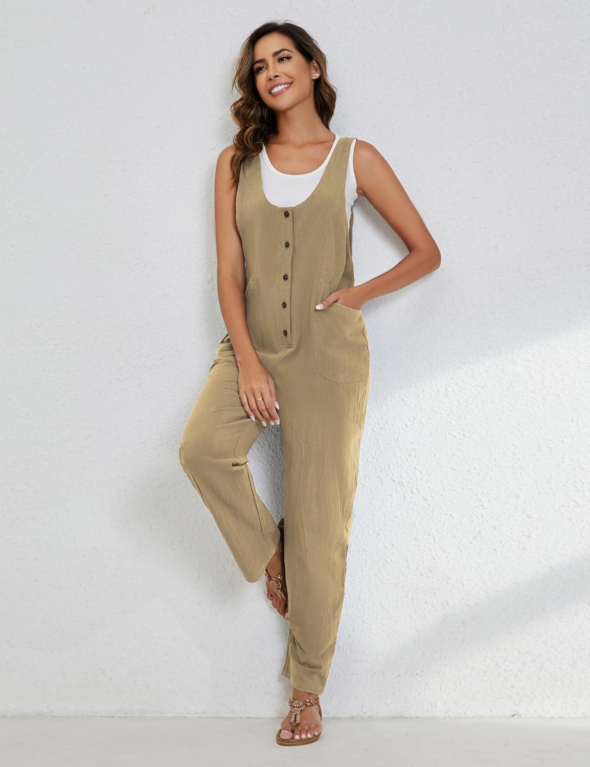 imageYeokou Womens Overalls Linen Cotton Jumpsuits Loose Casual Jumpers with PocketsDarkkhaki