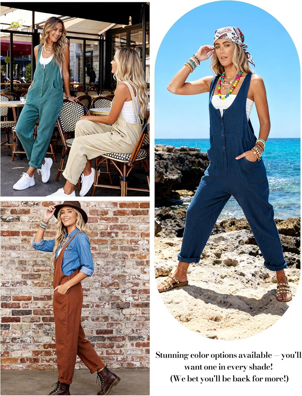imageYeokou Womens Overalls Linen Cotton Jumpsuits Loose Casual Jumpers with PocketsDarkkhaki