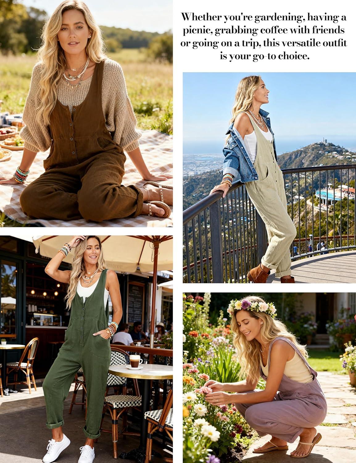 imageYeokou Womens Overalls Linen Cotton Jumpsuits Loose Casual Jumpers with PocketsDarkkhaki