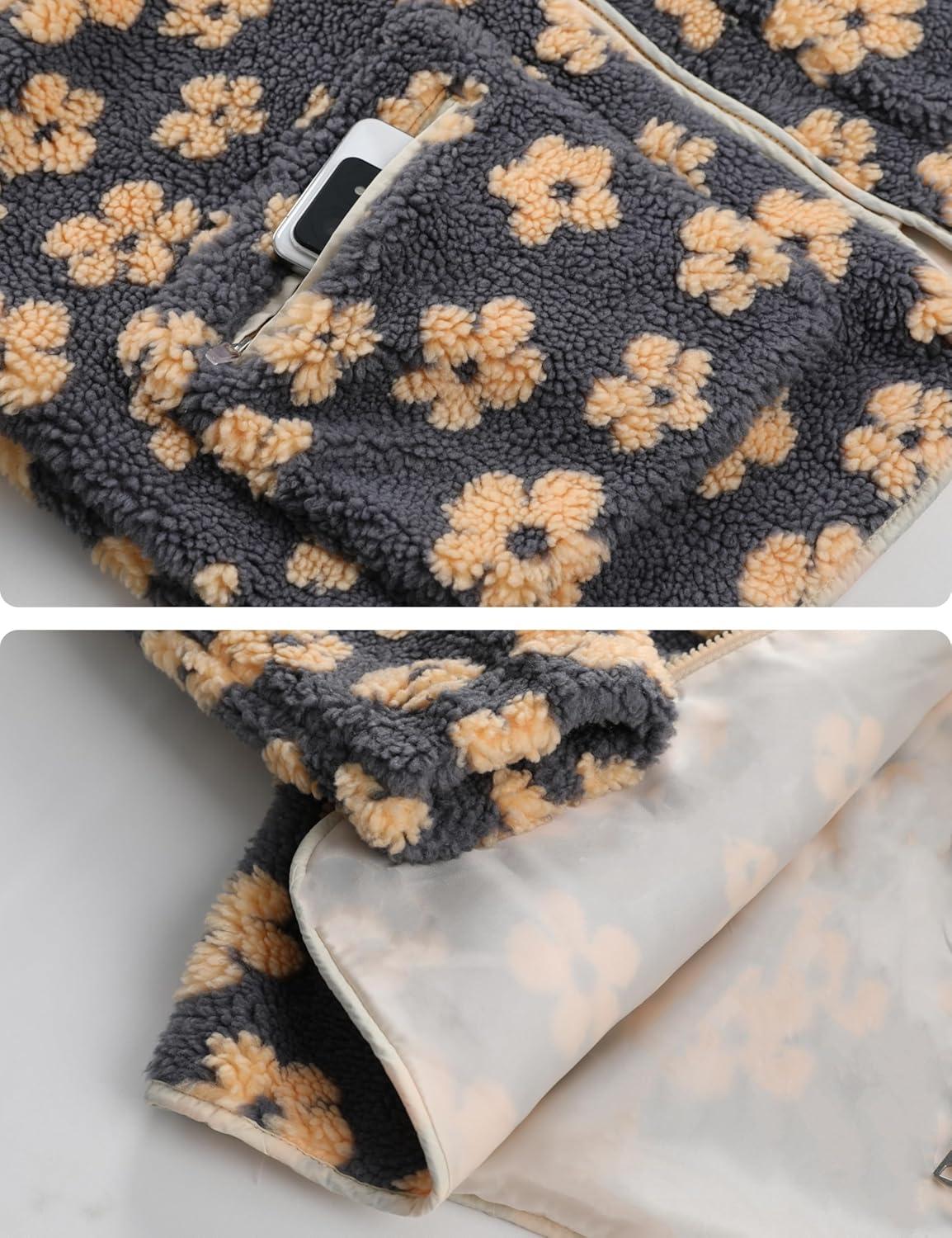 imageYeokou Women Floral Jacket Winter Sherpa Fleece Coat Daisy Jacquard Stand Collar Full ZipUp Pockets Warm Lining OutwearYellow