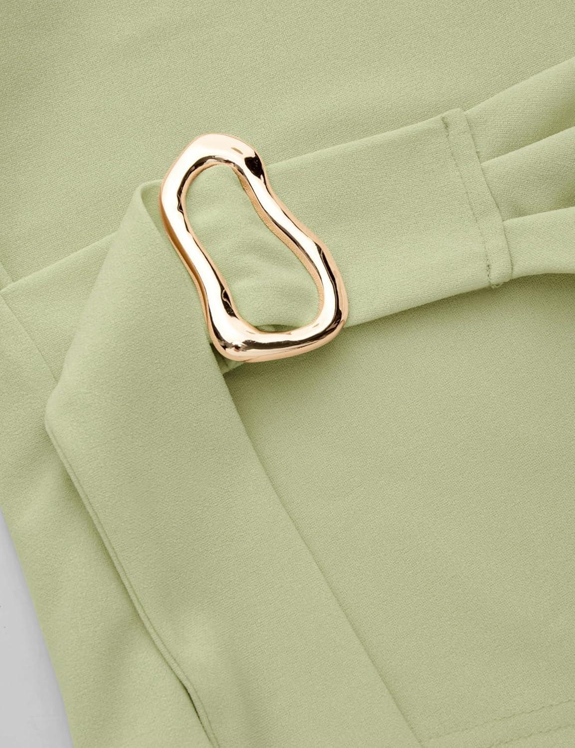 imageYeokou Women Buckle Tie Top Stand Collar Belted Short Sleeve Elegant Dressy Spring Summer Business Casual Party BlouseLightgreen
