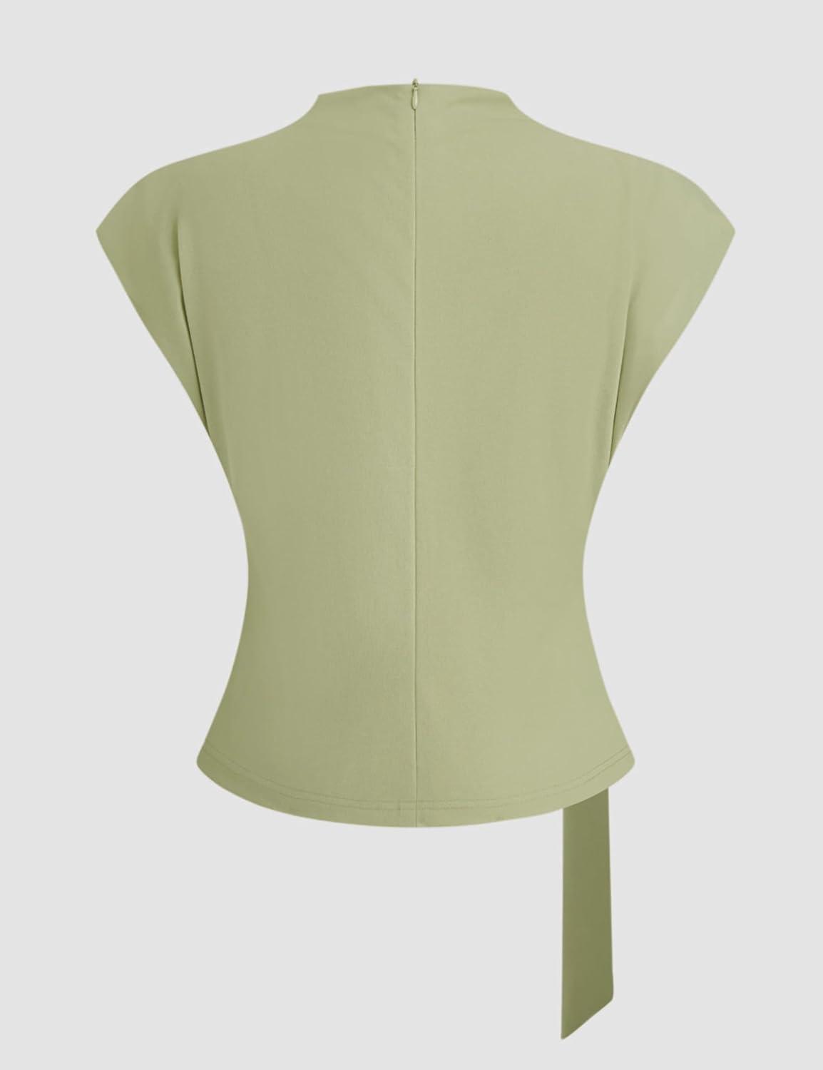 imageYeokou Women Buckle Tie Top Stand Collar Belted Short Sleeve Elegant Dressy Spring Summer Business Casual Party BlouseLightgreen