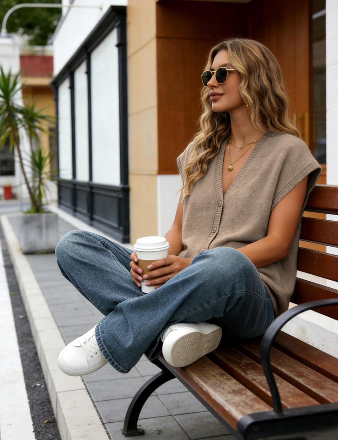 imageYeokou Womens V Neck Knit Tank Top Short Sleeve Button Down Sweater Loose Fit Sweater Vest with PocketsKhaki