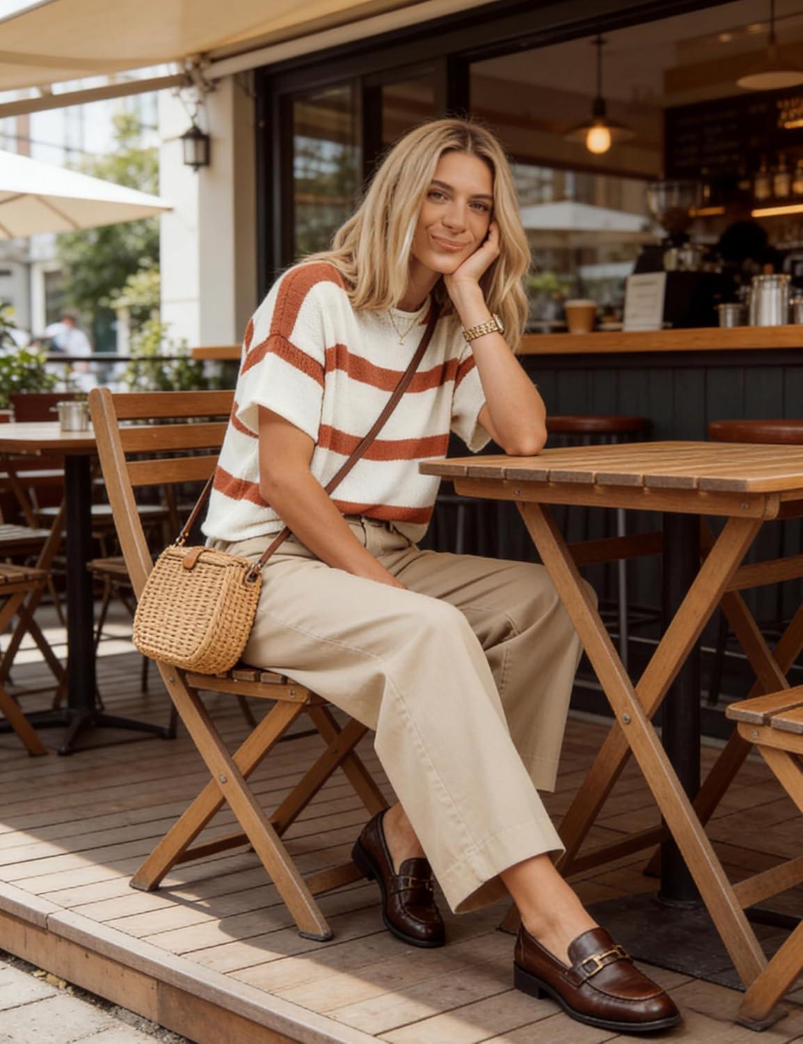 imageYeokou Women Summer Striped Knit Pullover Crewneck Short Sleeve Casual Lightweight Sweater Tops Rolled Hem ShirtsRust