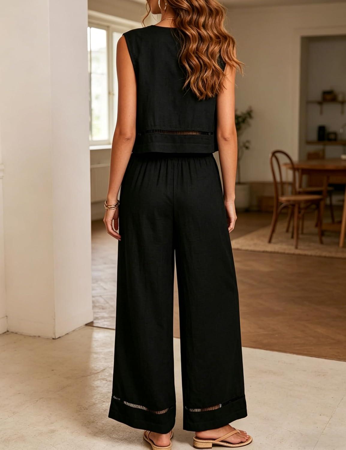 imageYeokou Womens Linen 2 Piece Outfits Sleeveless Top Wide Leg Pants Hollow Lace Casual Vacation Beach Summer SetsBlack