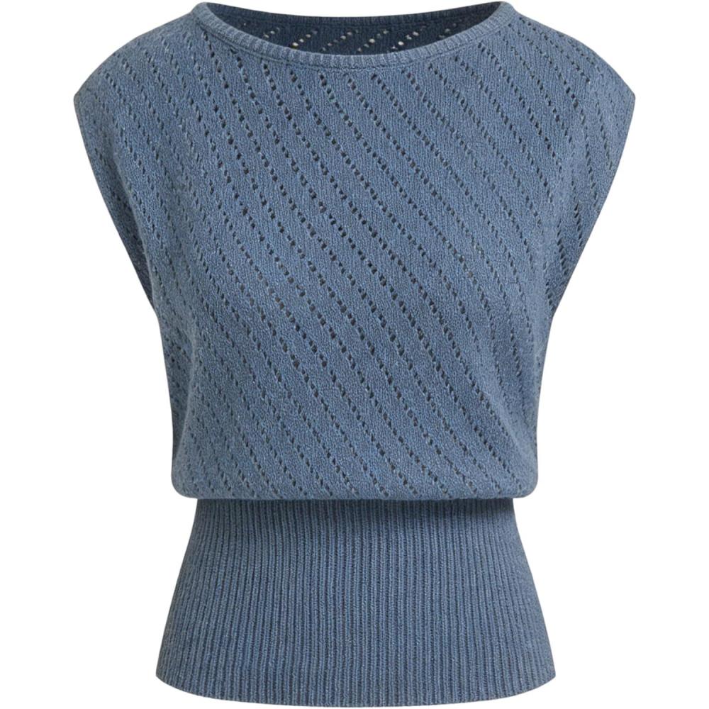 imageYeokou Womens Hollow Out Knit Top Casual Lightweight Crew Neck Cap Sleeve Ribbed Sweater Spring Summer Going Out BlouseBluegrey