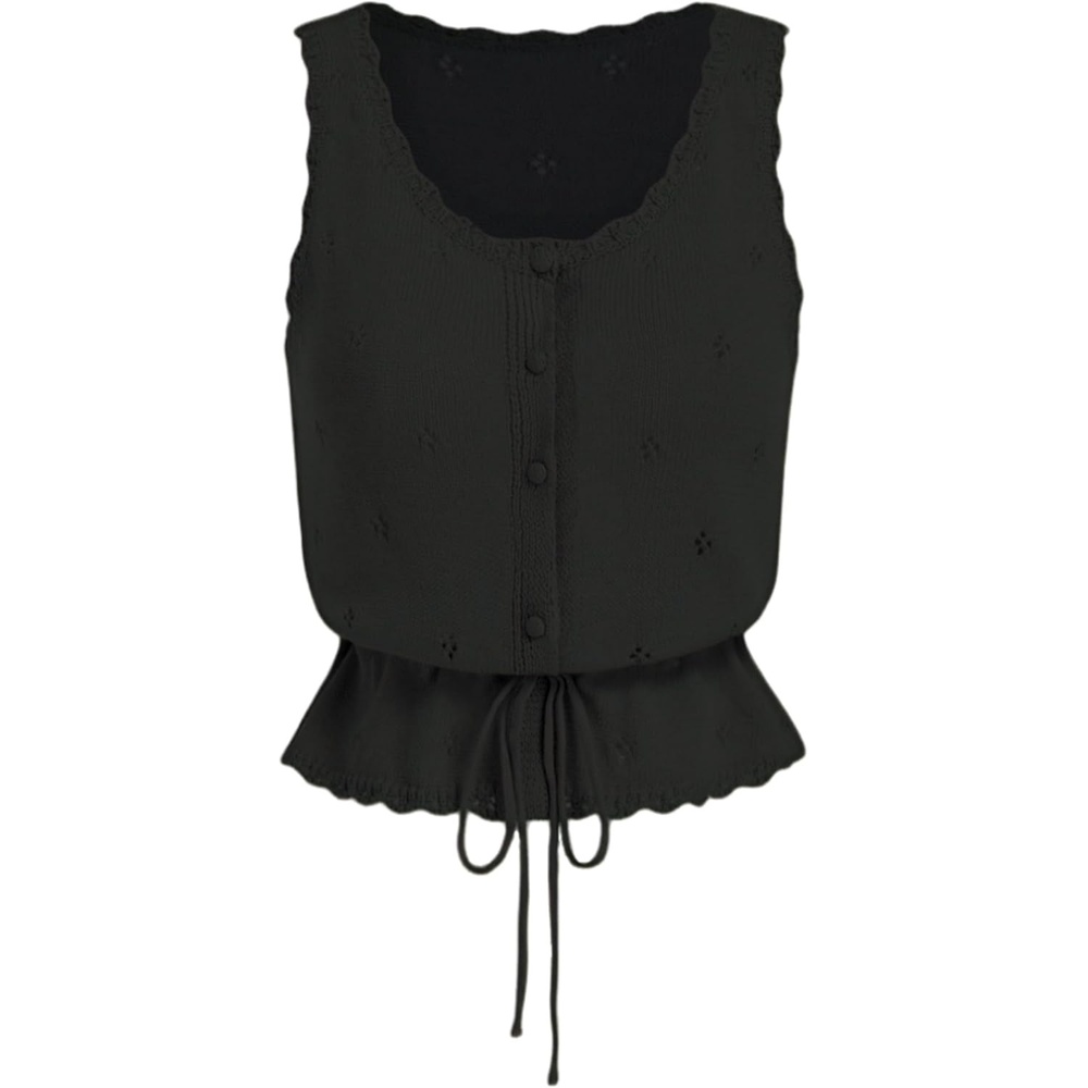 image:imageYeokou Womens Crochet Cardigan Sweaters Summer Cotton Tank Top Button Down Ruffle Hem Tie Waist Vest for Daily Casual WearBlack