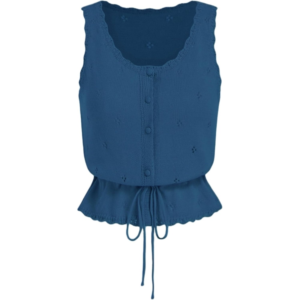 image:imageYeokou Womens Crochet Cardigan Sweaters Summer Cotton Tank Top Button Down Ruffle Hem Tie Waist Vest for Daily Casual WearBluegray