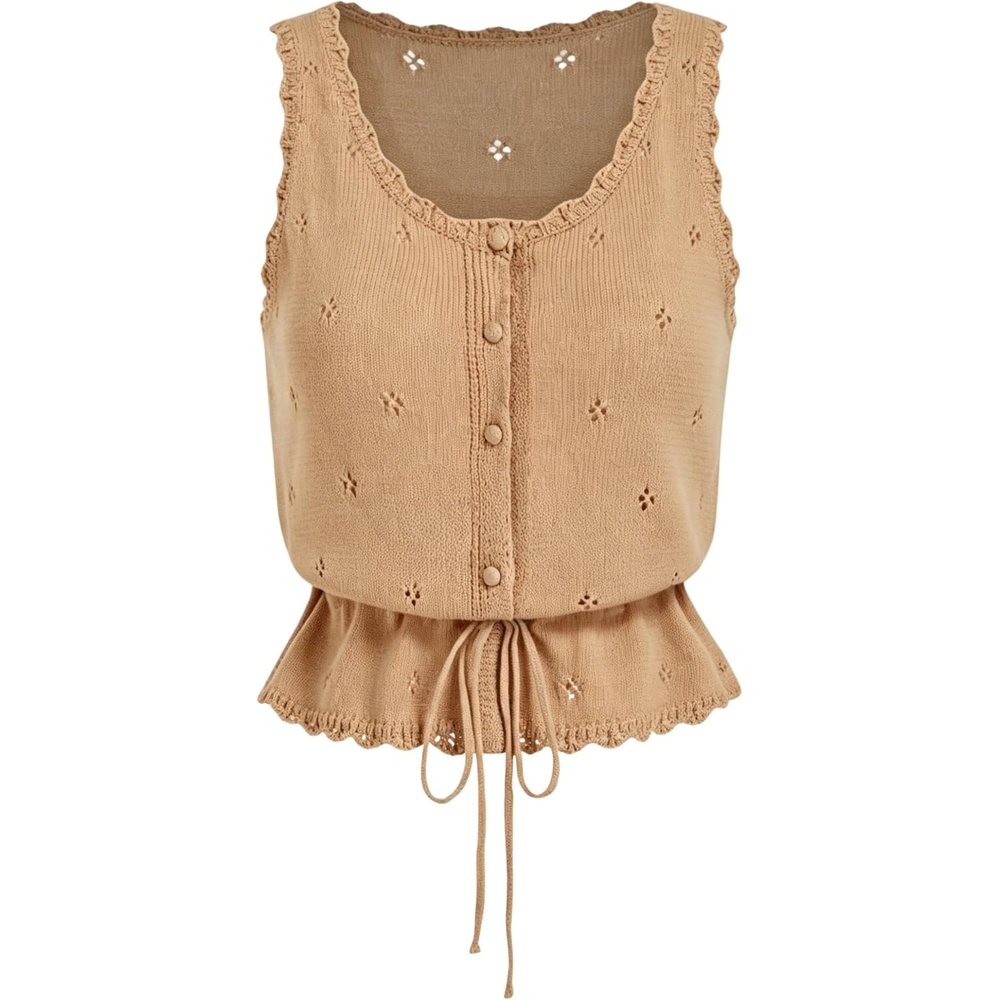 image:imageYeokou Womens Crochet Cardigan Sweaters Summer Cotton Tank Top Button Down Ruffle Hem Tie Waist Vest for Daily Casual WearKhaki
