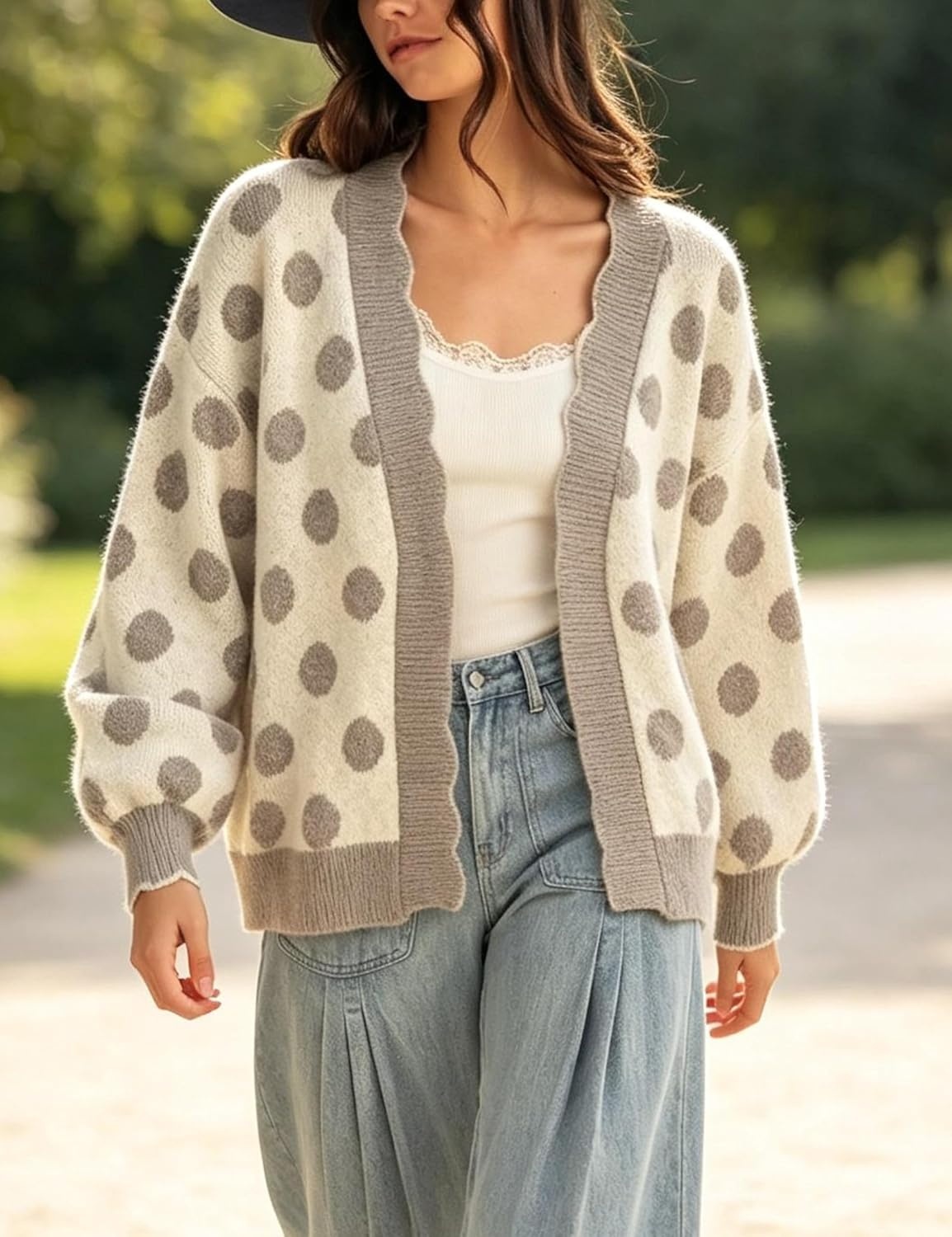 image:imageYeokou Womens Vintage Polka Dot Scalloped Trim Cardigan SweaterGray
