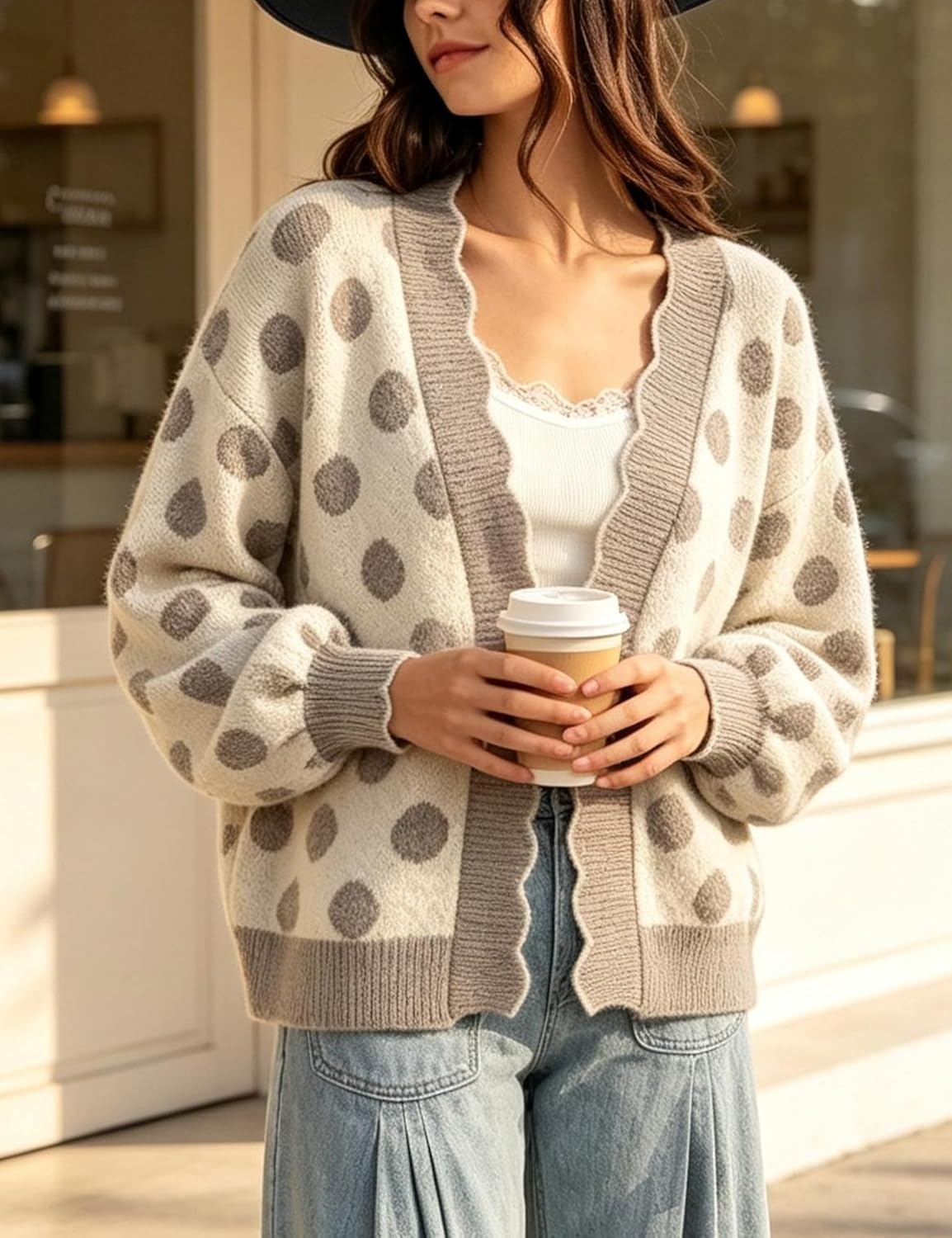 image:imageYeokou Womens Vintage Polka Dot Scalloped Trim Cardigan SweaterGray
