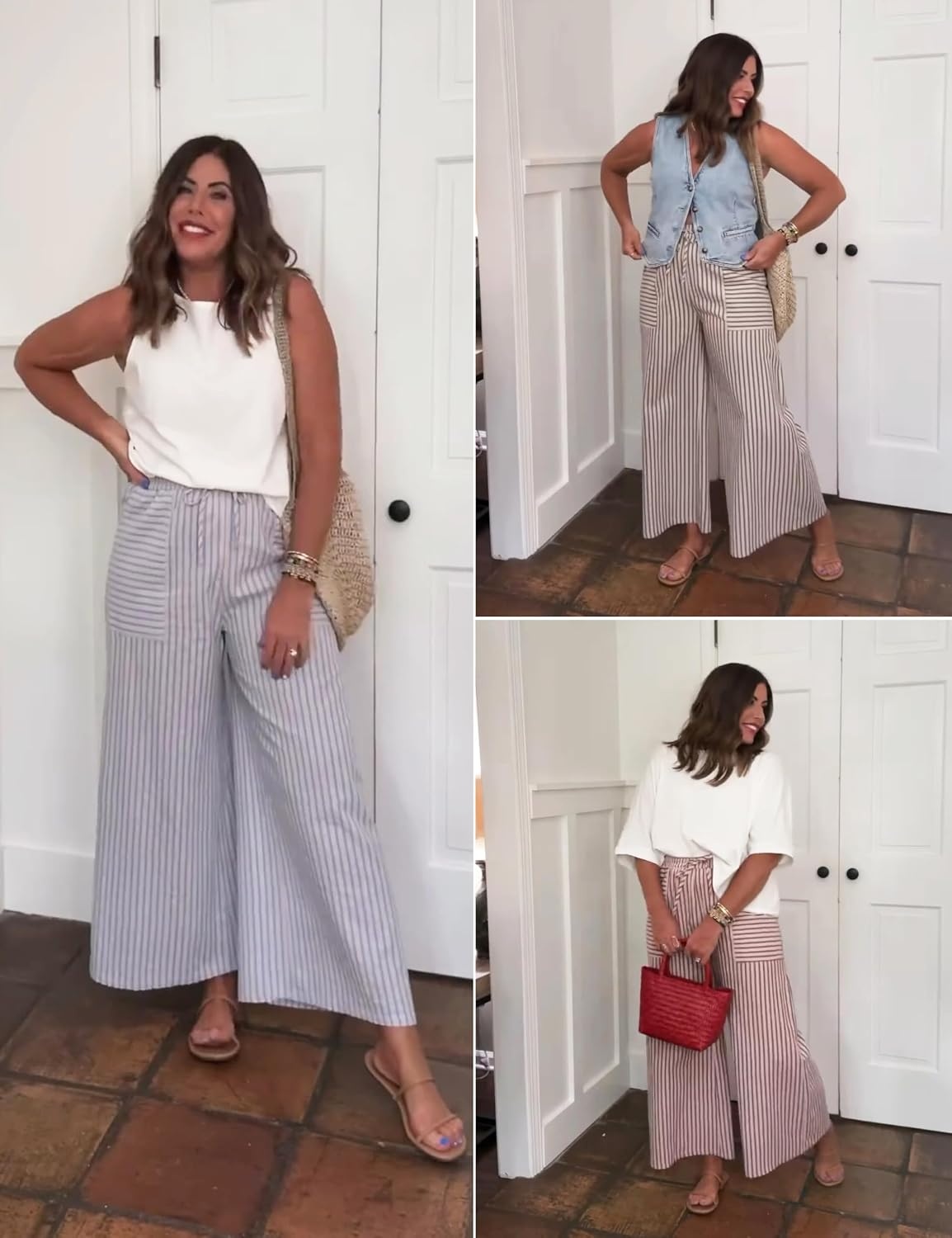 image:imageYeokou Womens Wide Leg Pants Drawstring Striped Cotton Mid Rise Casual Long Palazzo Trousers with PocketsGray