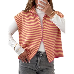 Yeokou Women Striped Knit Vest Zip Up Sleeveless Collared Sweater Vest | Stand collar full zip, ribbed stretch knit, spring autumn essential, vintage french casual trend, wash resistant stripe print(Orange)