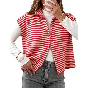 Yeokou Women Striped Knit Vest Zip Up Sleeveless Collared Sweater Vest | Stand collar full zip, ribbed stretch knit, spring autumn essential, vintage french casual trend, wash resistant stripe print(Red)