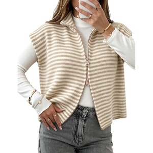 Yeokou Women Striped Knit Vest Zip Up Sleeveless Collared Sweater Vest | Stand collar full zip, ribbed stretch knit, spring autumn essential, vintage french casual trend, wash resistant stripe print(Khaki)