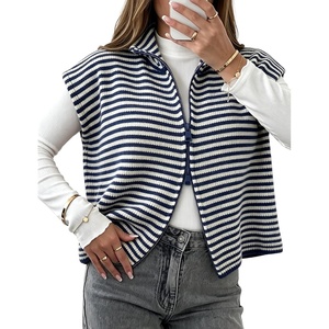 Yeokou Women Striped Knit Vest Zip Up Sleeveless Collared Sweater Vest | Stand collar full zip, ribbed stretch knit, spring autumn essential, vintage french casual trend, wash resistant stripe print(Navy)