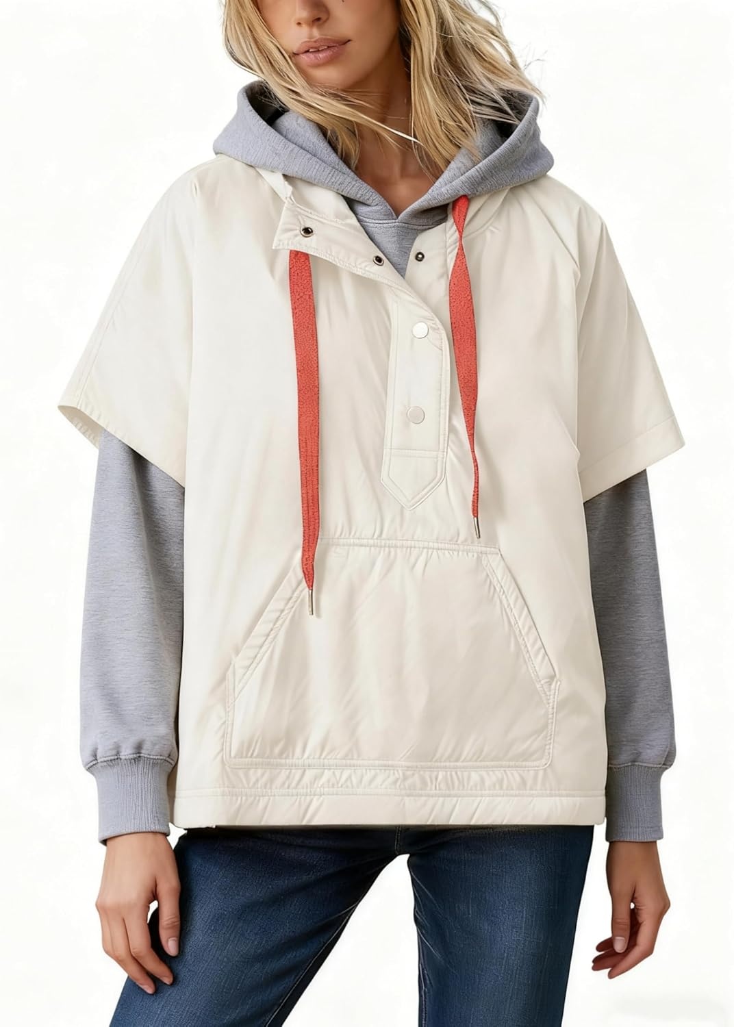 image:imageYeokou Women Hooded Puffer Vest Short Sleeve Snap Button Loose OutwearBeige