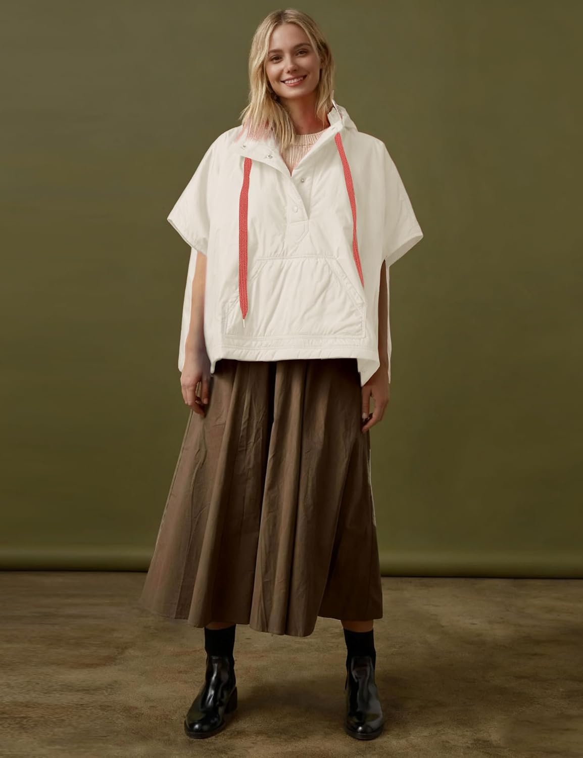 image:imageYeokou Women Hooded Puffer Vest Short Sleeve Snap Button Loose OutwearBeige