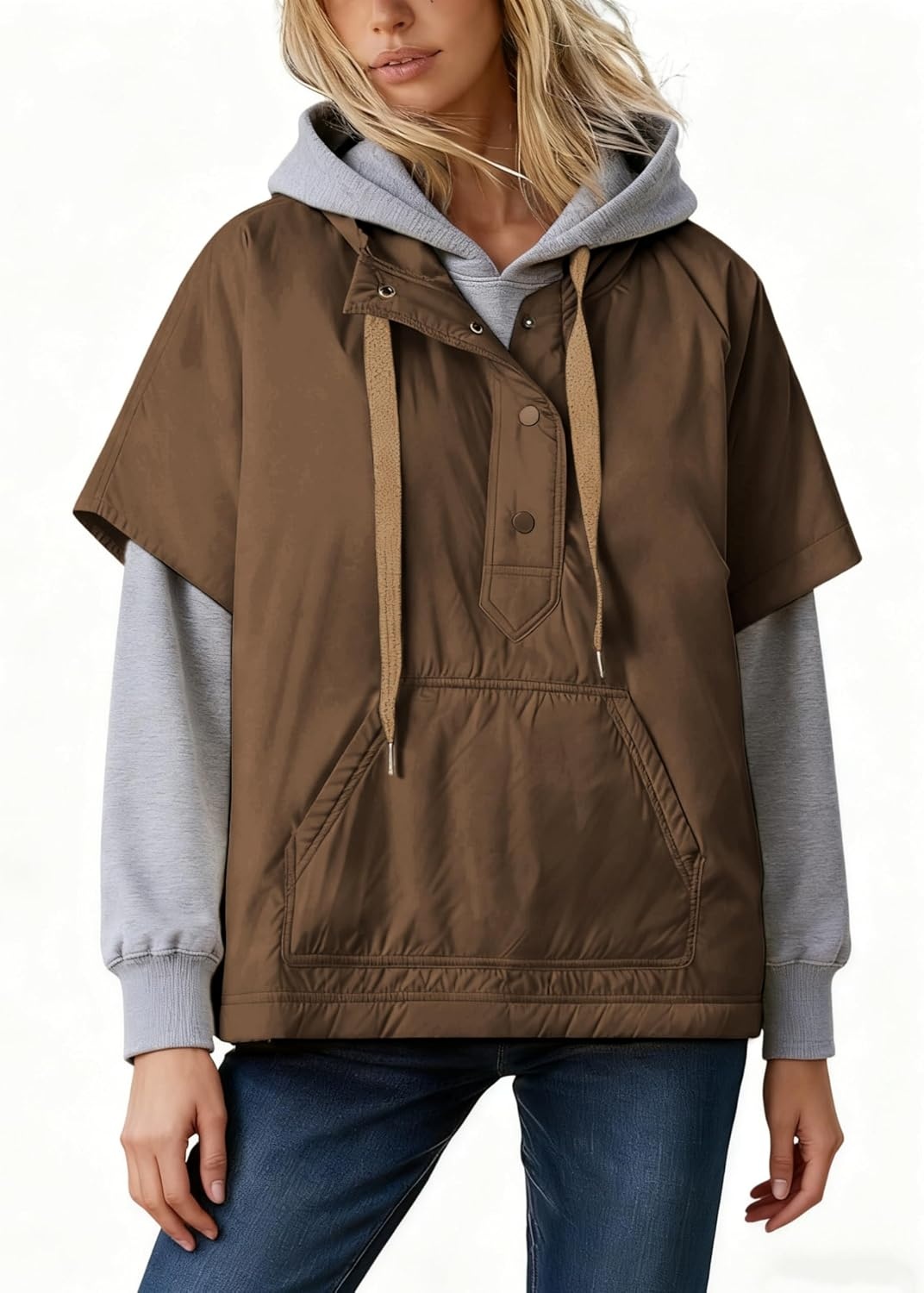 image:imageYeokou Women Hooded Puffer Vest Short Sleeve Snap Button Loose OutwearBrown