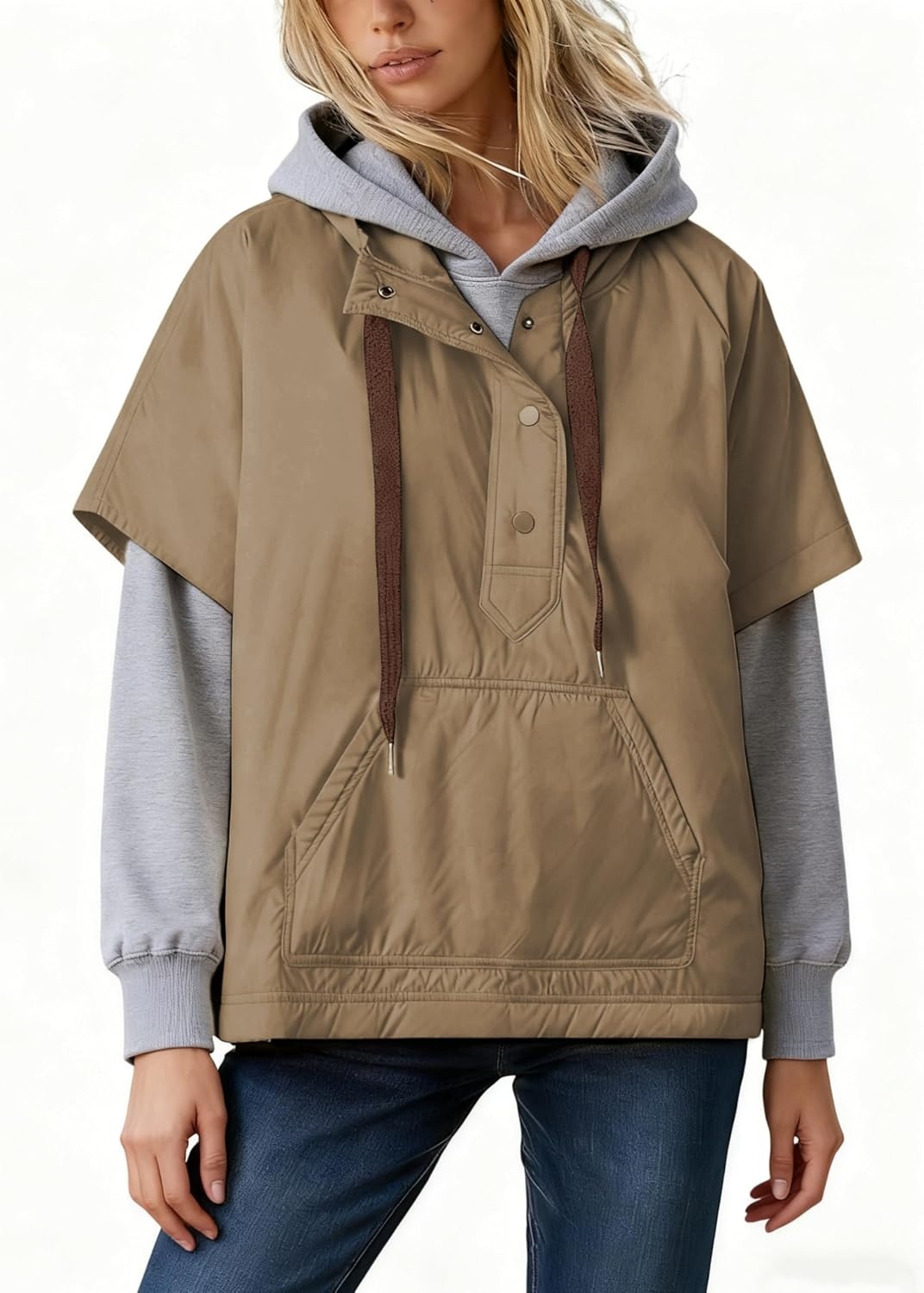 image:imageYeokou Women Hooded Puffer Vest Short Sleeve Snap Button Loose OutwearKhaki