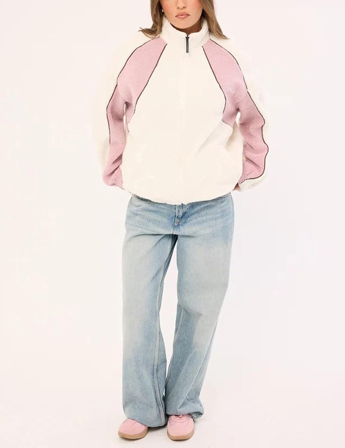 image:imageYeokou Womens Color Block Fleece Jacket Stand Collar Zip Up Track CoatBeige