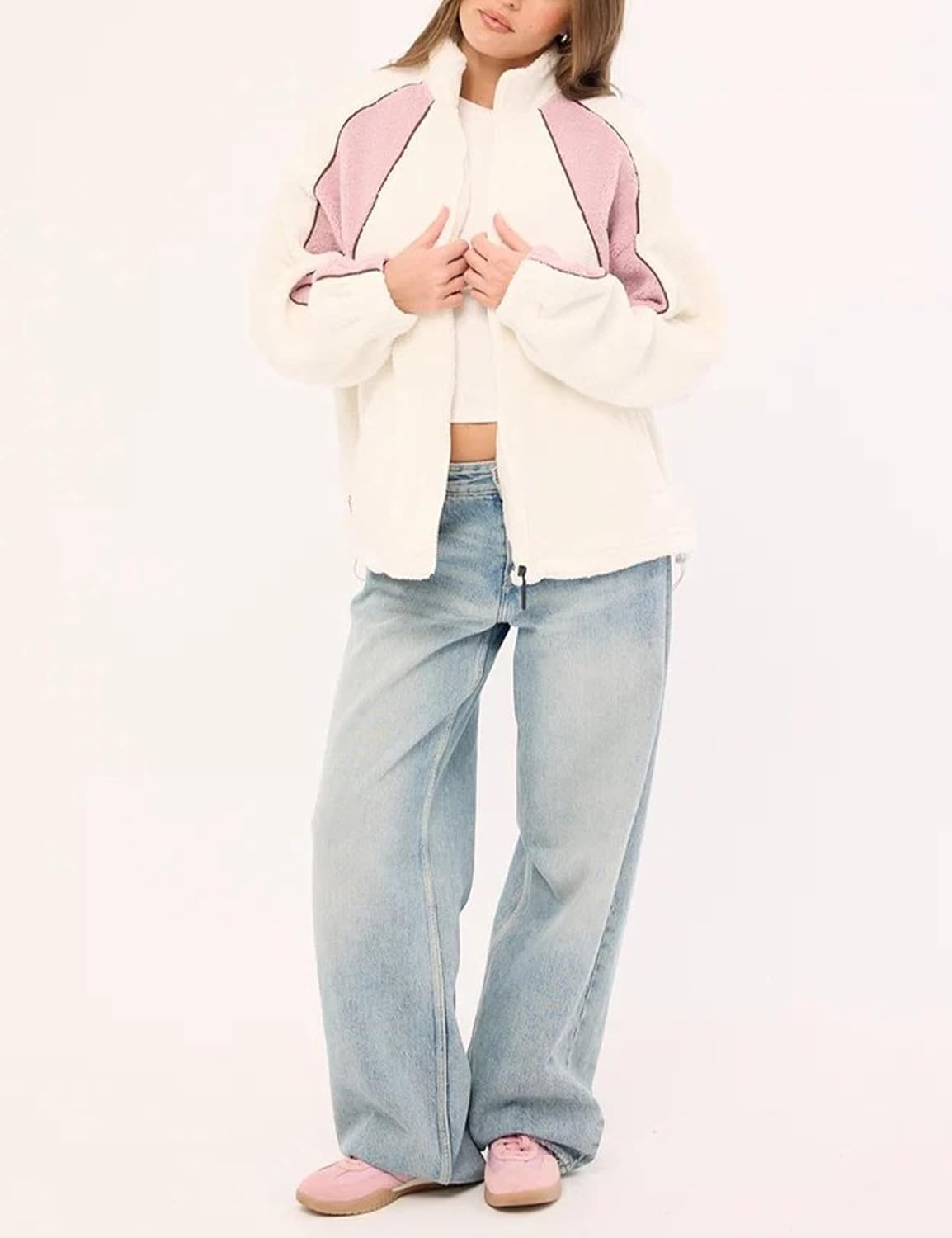 image:imageYeokou Womens Color Block Fleece Jacket Stand Collar Zip Up Track CoatBeige