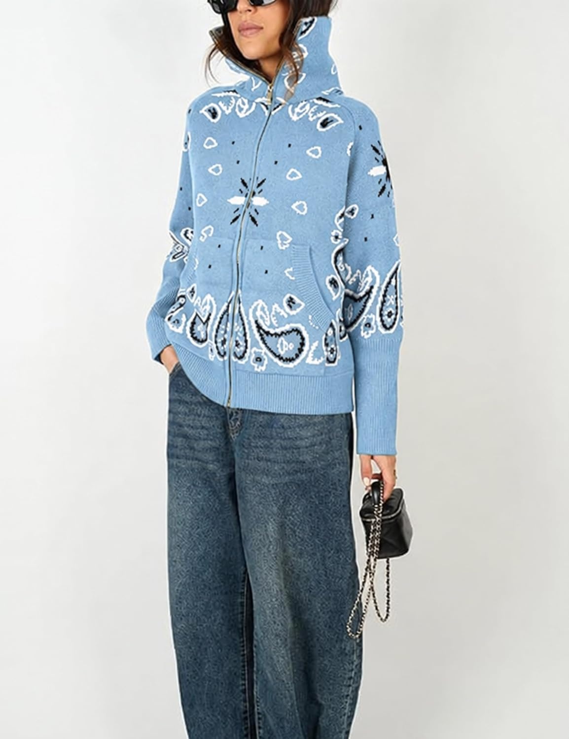image:imageYeokou Women Paisley Bandana Print Sweater Zip Up Knit Cardigan JacketLightblue