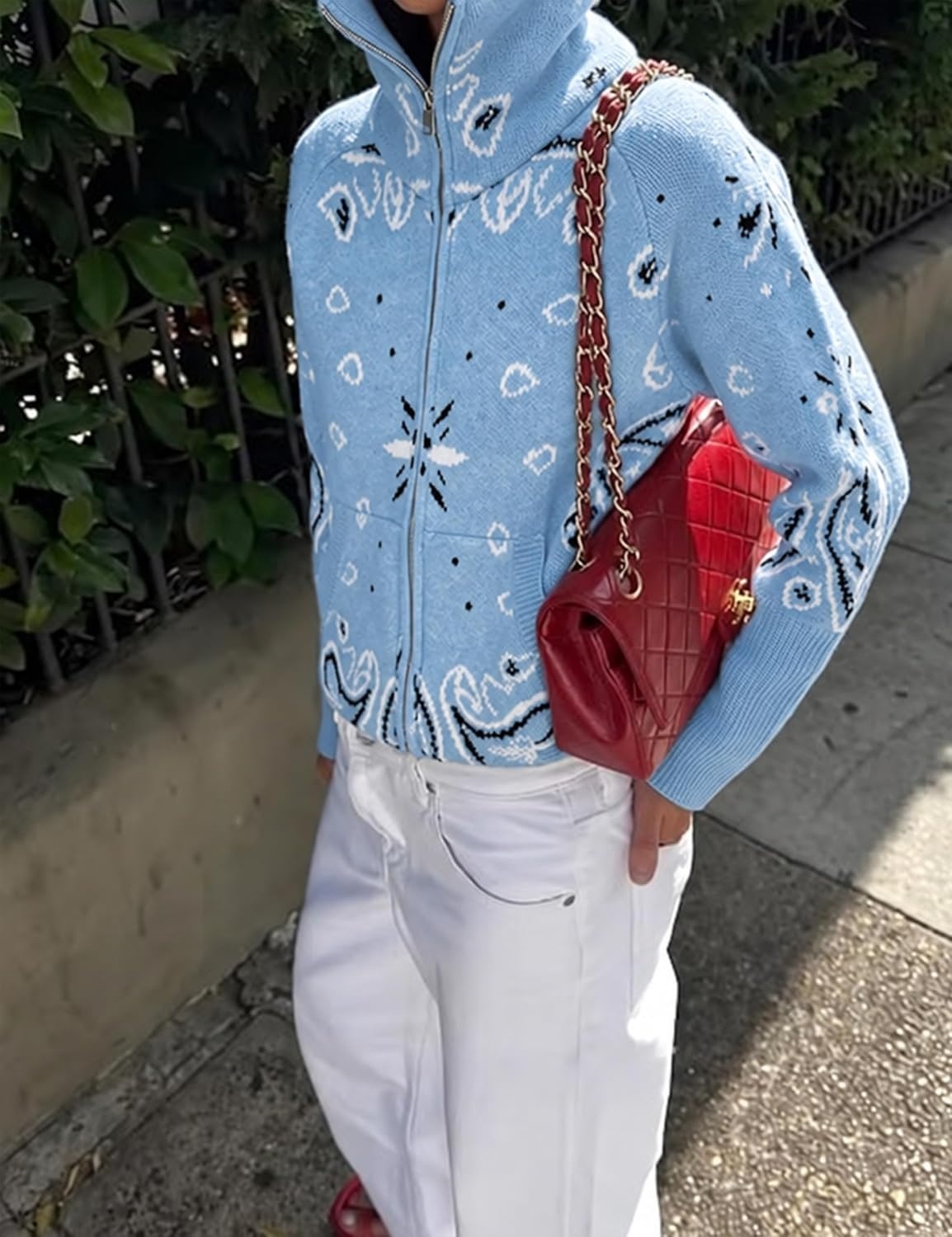 image:imageYeokou Women Paisley Bandana Print Sweater Zip Up Knit Cardigan JacketLightblue