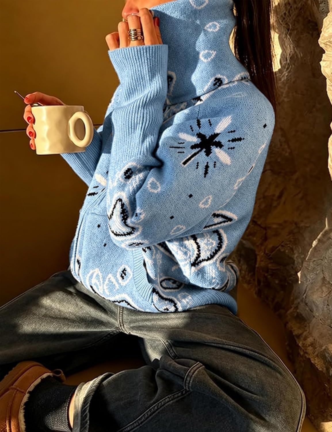 image:imageYeokou Women Paisley Bandana Print Sweater Zip Up Knit Cardigan JacketLightblue