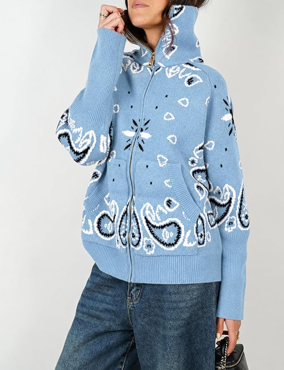 image:imageYeokou Women Paisley Bandana Print Sweater Zip Up Knit Cardigan JacketLightblue