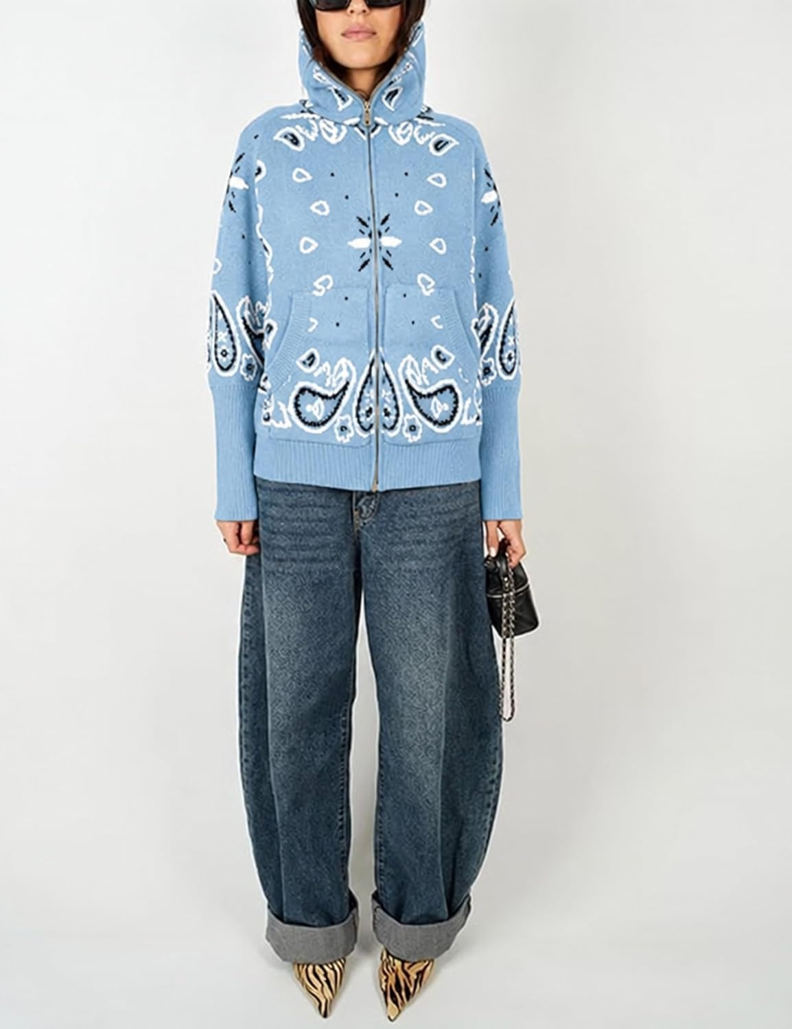 image:imageYeokou Women Paisley Bandana Print Sweater Zip Up Knit Cardigan JacketLightblue
