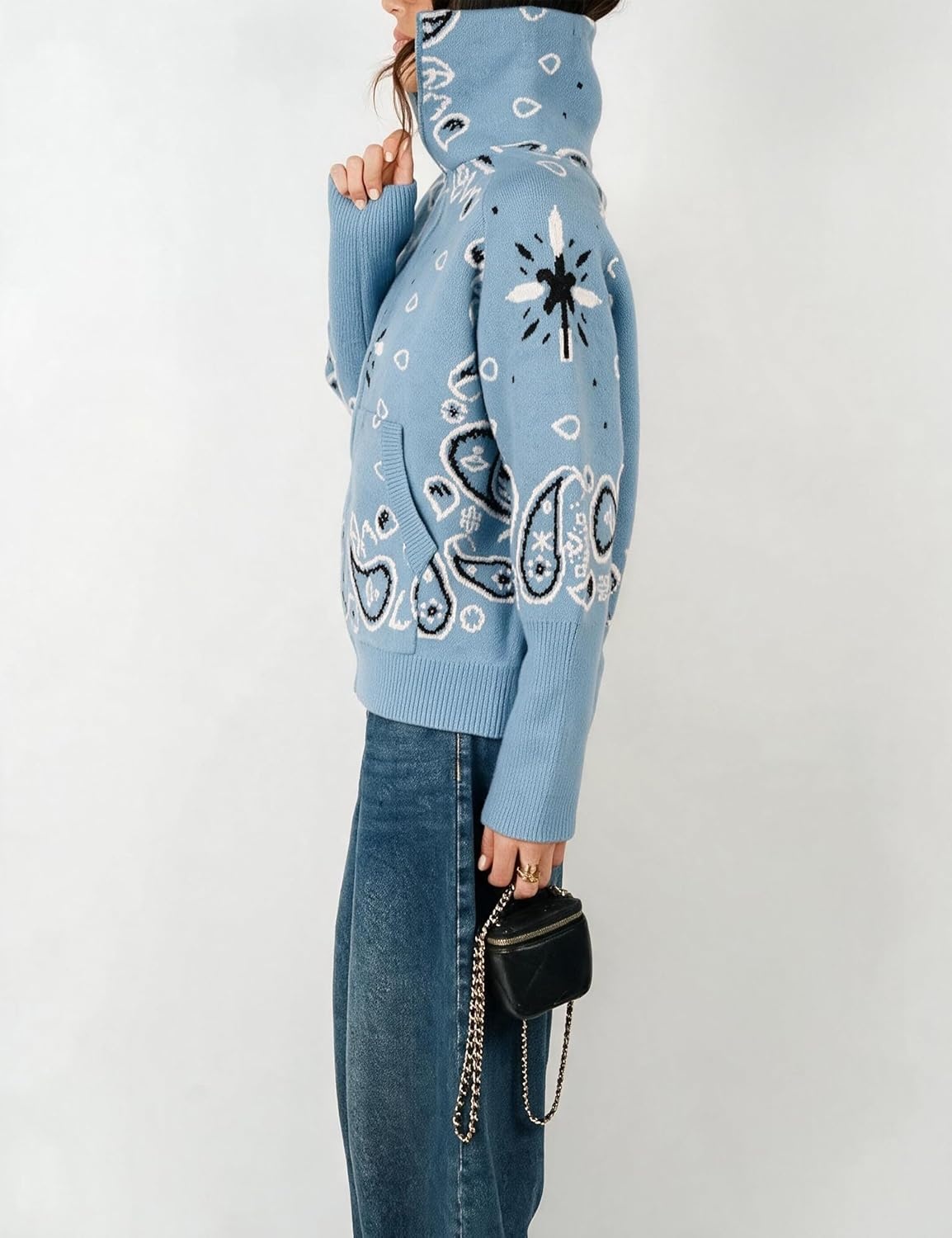 image:imageYeokou Women Paisley Bandana Print Sweater Zip Up Knit Cardigan JacketLightblue