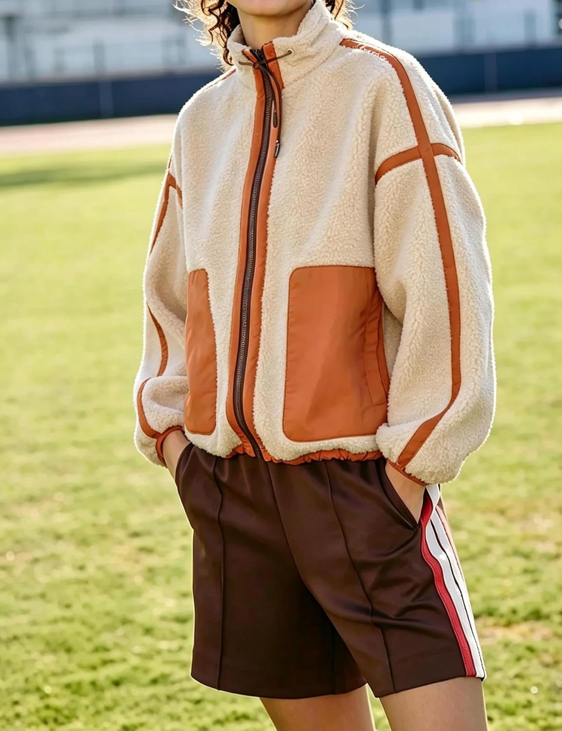 image:imageYeokou Women Sherpa Fleece Cropped Jacket Fall Winter CoatBeige
