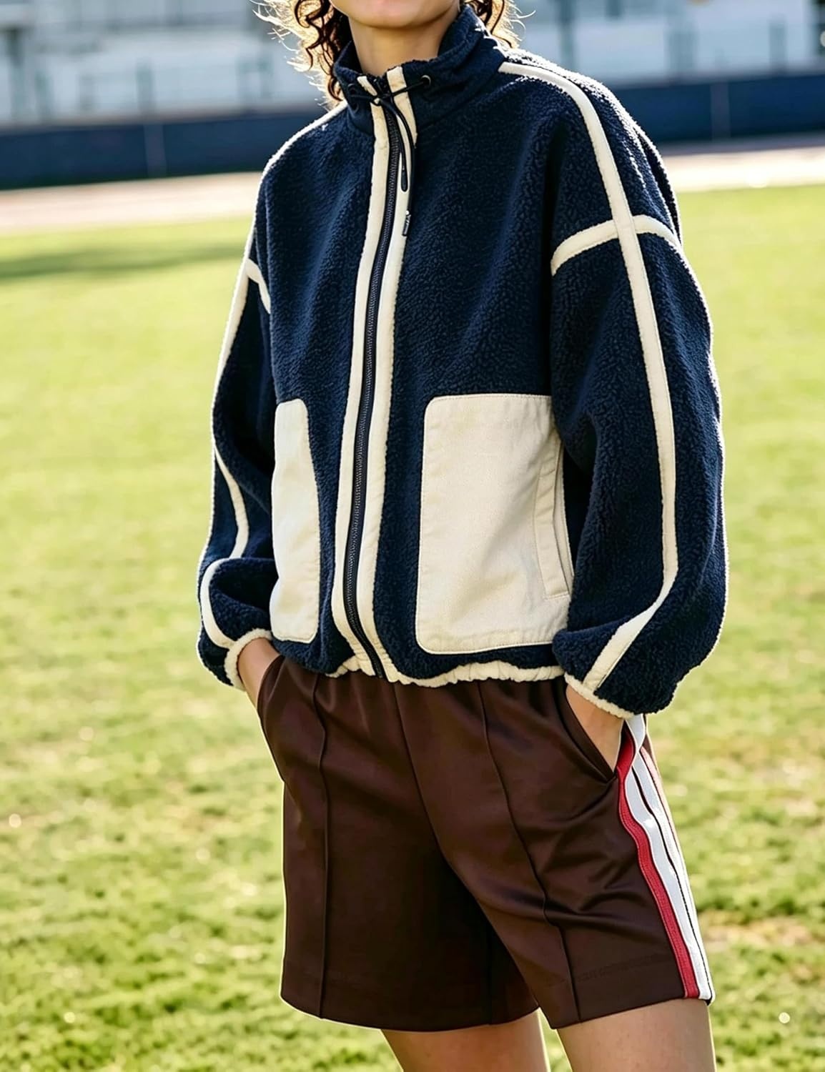 image:imageYeokou Women Sherpa Fleece Cropped Jacket Fall Winter CoatNavy