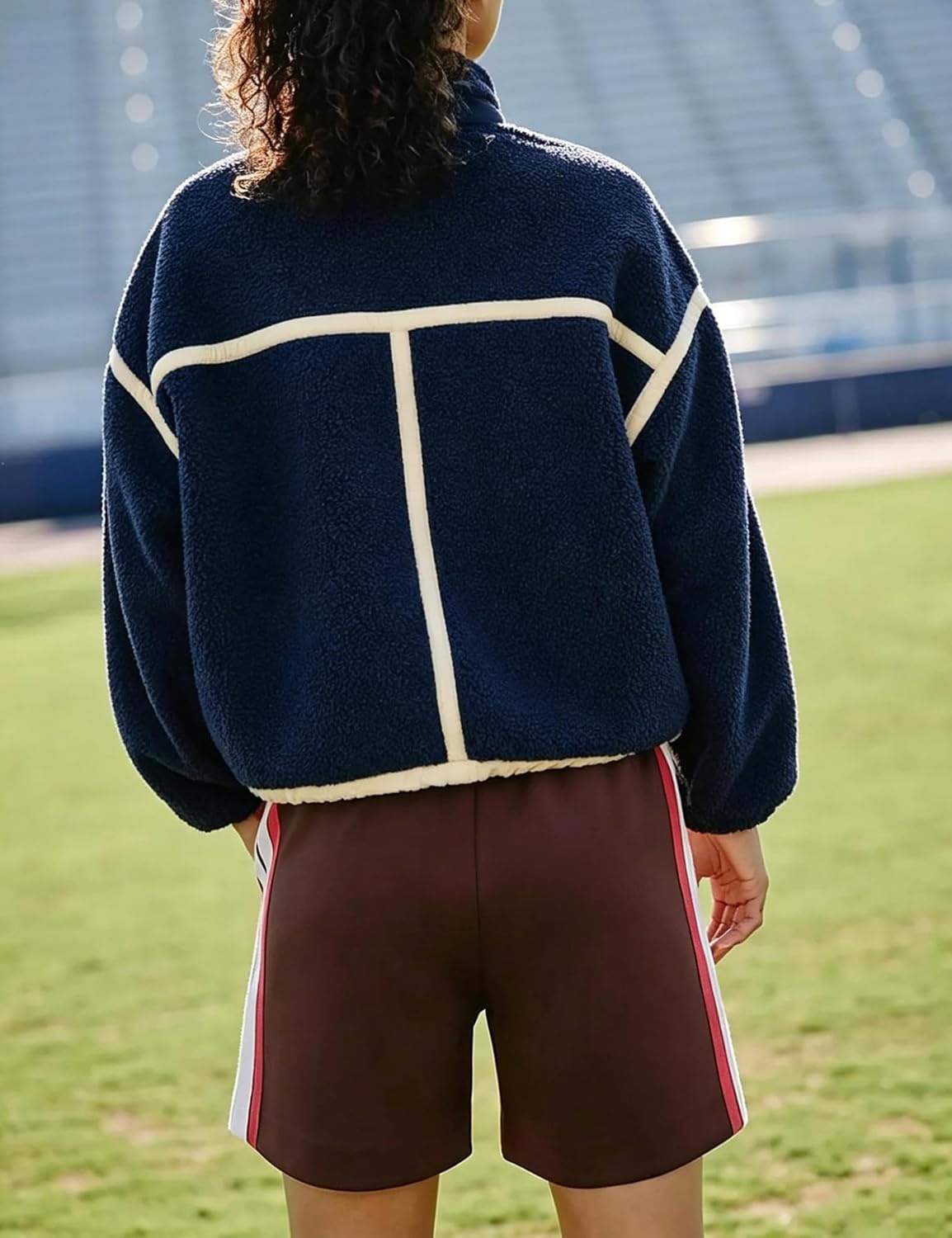 image:imageYeokou Women Sherpa Fleece Cropped Jacket Fall Winter CoatNavy