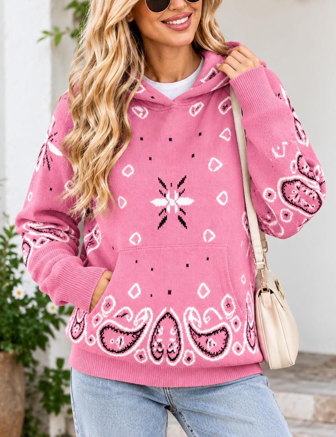 image:imageYeokou Womens Bandana Paisley Print Hooded Sweatshirt Knit Pullover SweaterPink