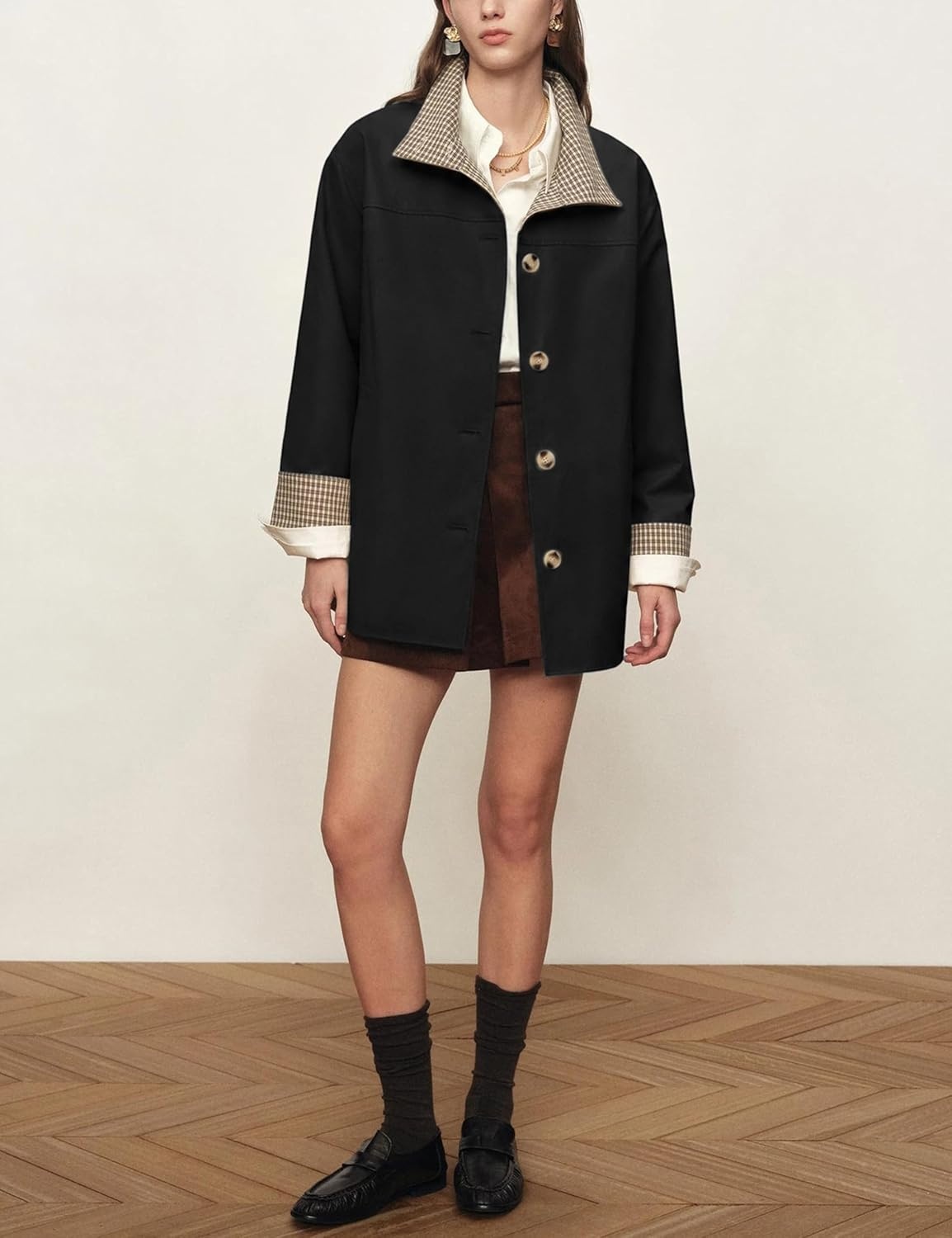 image:imageYeokou Womens Belted Trench Coat Trendy Plaid Trim Fall JacketsBlack