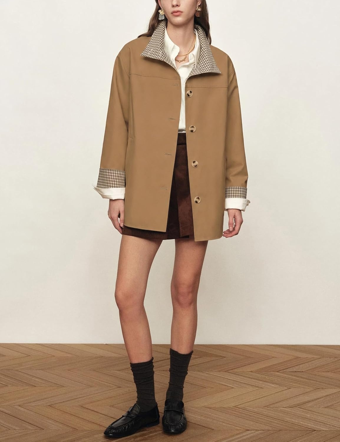 image:imageYeokou Womens Belted Trench Coat Trendy Plaid Trim Fall JacketsCamel