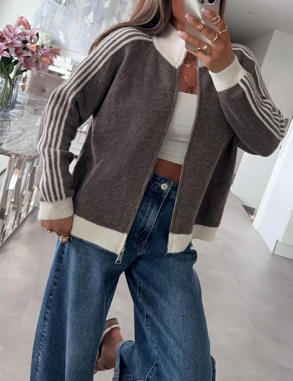 image:imageYeokou Womens Knit Jacket Long Sleeve Zip Up Color Block CardiganGrey