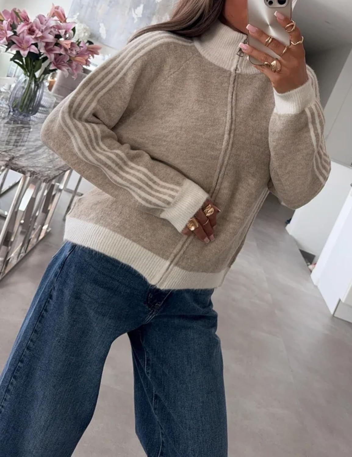 image:imageYeokou Womens Knit Jacket Long Sleeve Zip Up Color Block CardiganKhaki