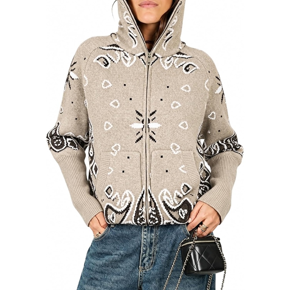 image:imageYeokou Women Paisley Bandana Print Sweater Zip Up Knit Cardigan JacketKhaki