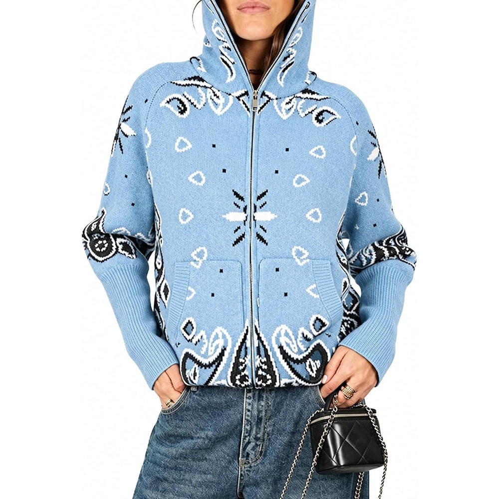 image:imageYeokou Women Paisley Bandana Print Sweater Zip Up Knit Cardigan JacketLightblue