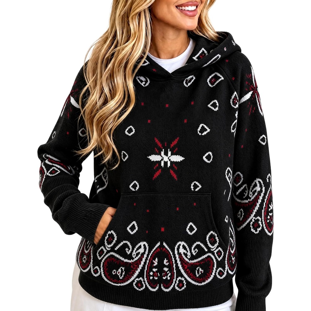 image:imageYeokou Womens Bandana Paisley Print Hooded Sweatshirt Knit Pullover SweaterBlack