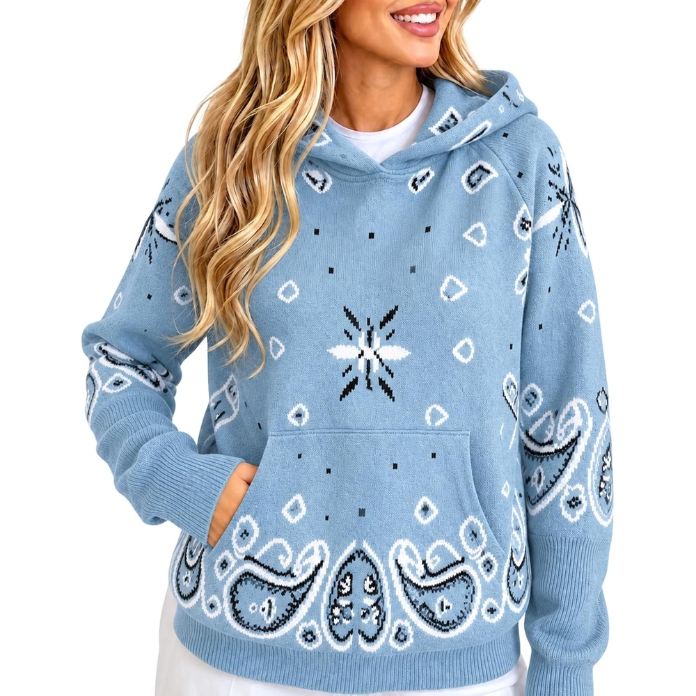image:imageYeokou Womens Bandana Paisley Print Hooded Sweatshirt Knit Pullover SweaterBluegrey