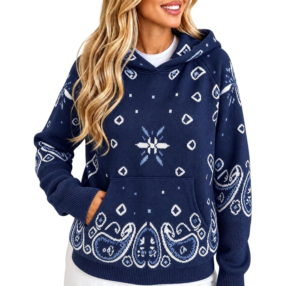 image:imageYeokou Womens Bandana Paisley Print Hooded Sweatshirt Knit Pullover SweaterNavy