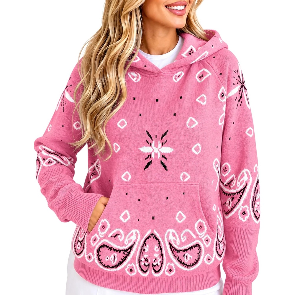 image:imageYeokou Womens Bandana Paisley Print Hooded Sweatshirt Knit Pullover SweaterPink