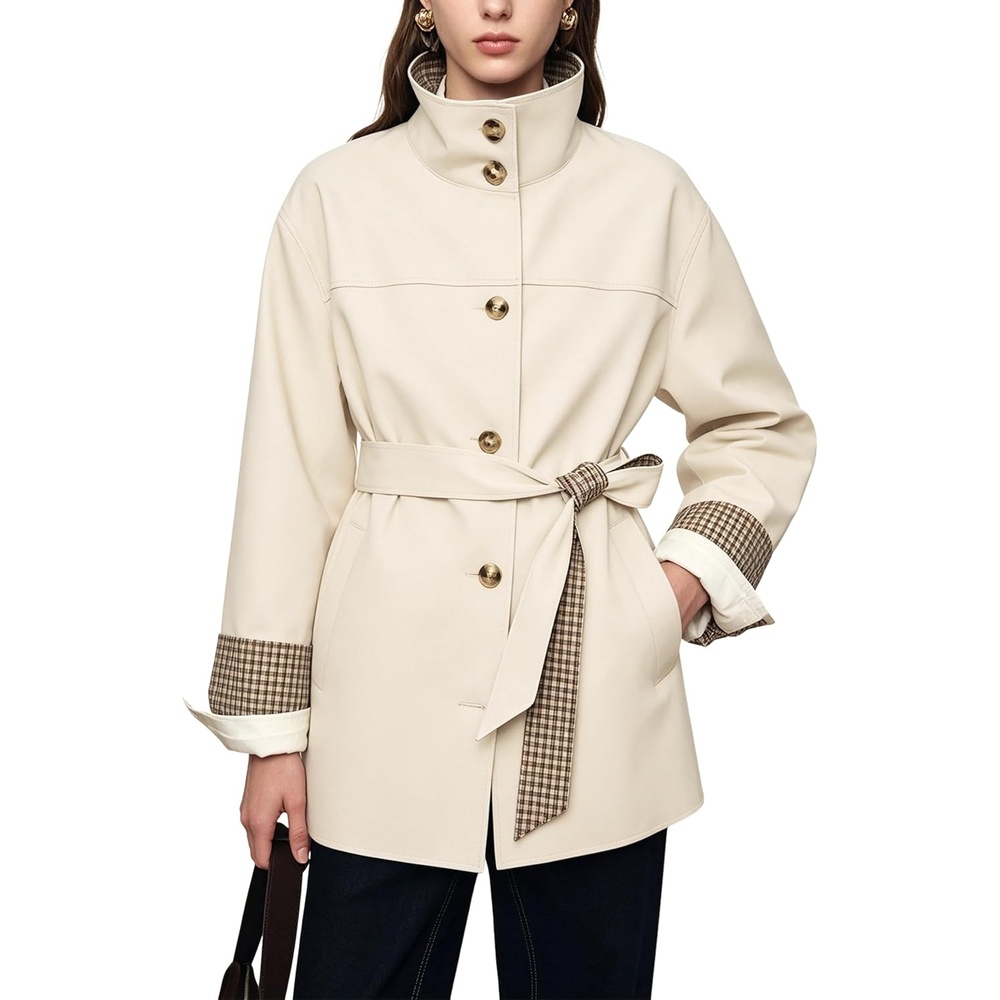 image:imageYeokou Womens Belted Trench Coat Trendy Plaid Trim Fall JacketsBeige