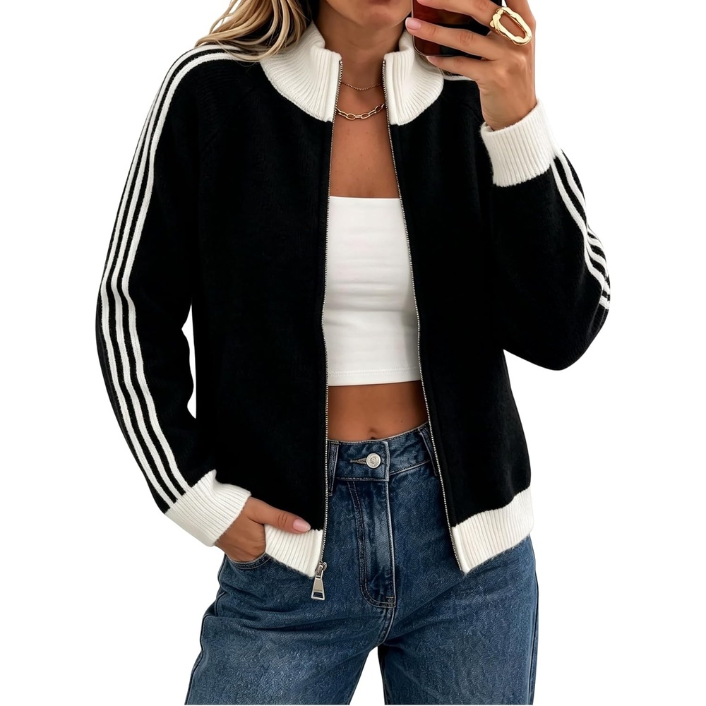 image:imageYeokou Womens Knit Jacket Long Sleeve Zip Up Color Block CardiganBlack